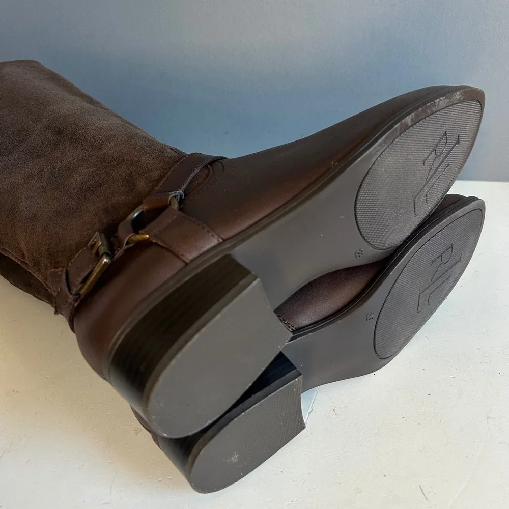 Lauren Ralph Lauren Tall Boots Size 8 Brown Suede Leather Riding Harness